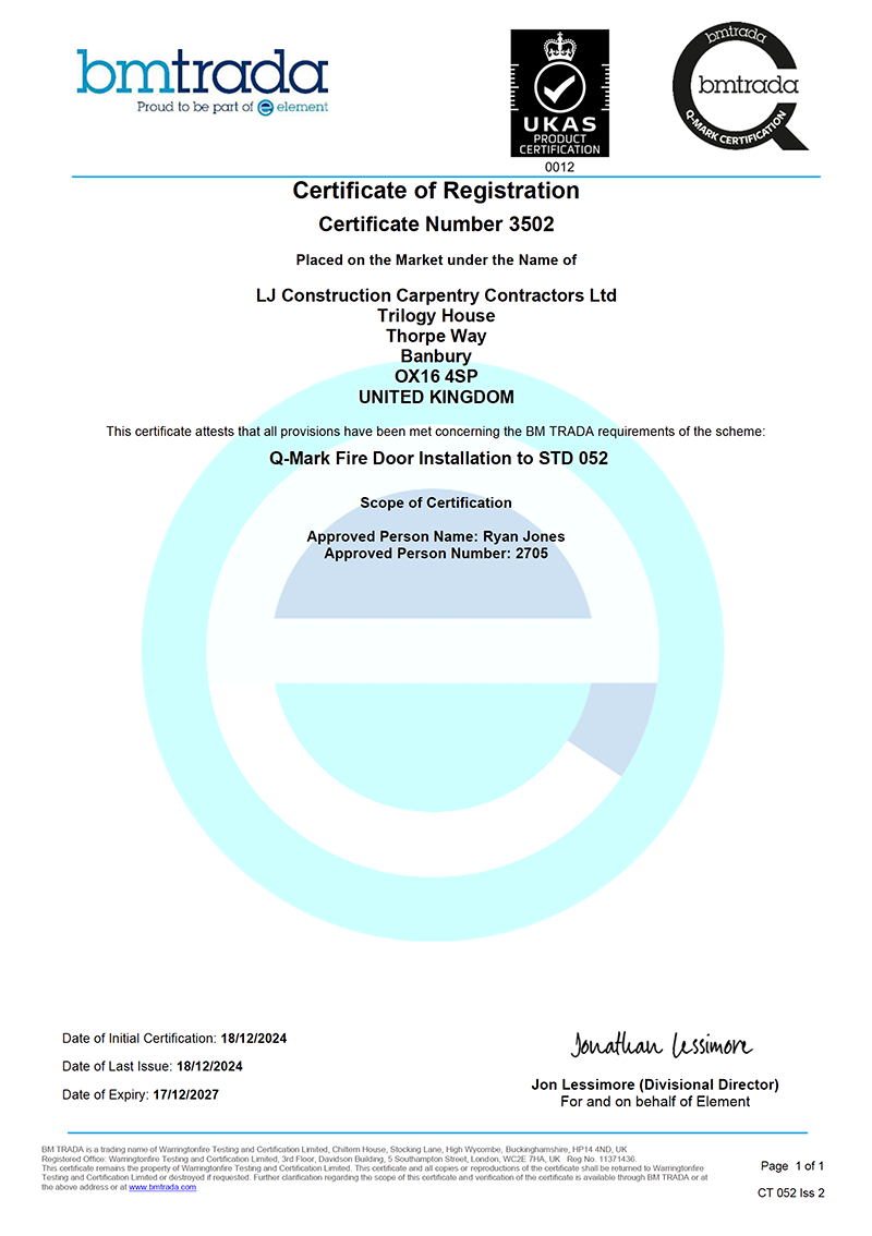 BM TRADA Q-Mark Fire Door Installation Certificate