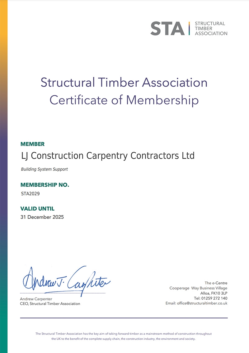 Structural Timber Association Certificate for LJ Construction